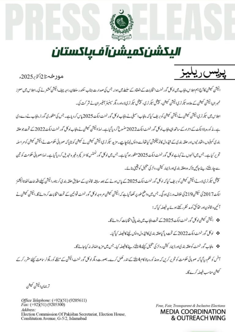 الیکشن کمیشن نے پنجاب کے بلدیاتی الیکشن کیلئے حلقہ بندیوں کا شیڈول واپس لے لیا….!!!!